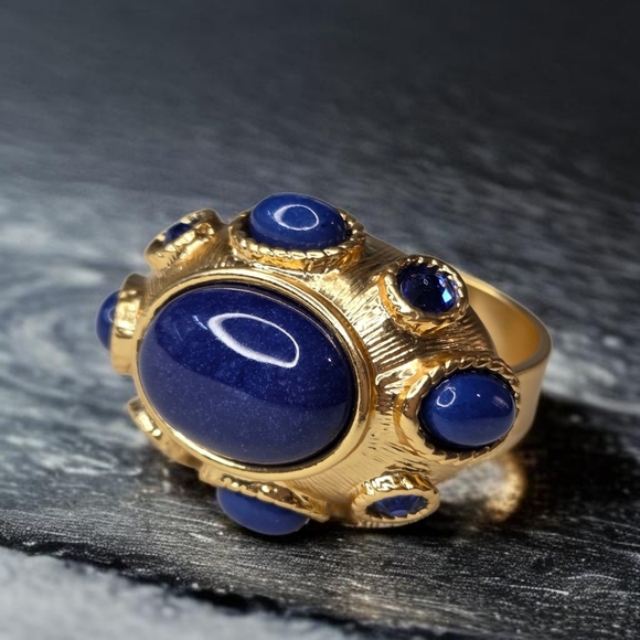 Designer Jewelry - 18k Matte Gold Plated Lapis Lazuli Sapphire Crystal Byzantine Statement Ring